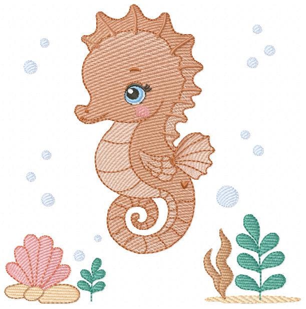 Seahorse embroidery design - Ocean Sea Animal with shells and algae machine embroidery pattern - Baby boy file - Instant digital download
