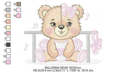 Ballerina Bear embroidery designs - Ballet Dancer Teddy Bear machine embroidery pattern - Baby girl file - Seating Bear - Instant download