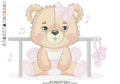 Ballerina Bear embroidery designs - Ballet Dancer Teddy Bear machine embroidery pattern - Baby girl file - Seating Bear - Instant download
