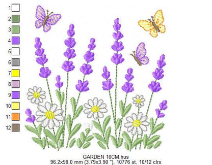 Flower garden embroidery design - Lavender flowers with butterflies machine embroidery pattern - Kitchen Tea towel - Instant download pes