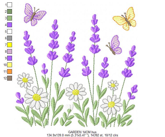 Flower garden embroidery design - Lavender flowers with butterflies machine embroidery pattern - Kitchen Tea towel - Instant download pes