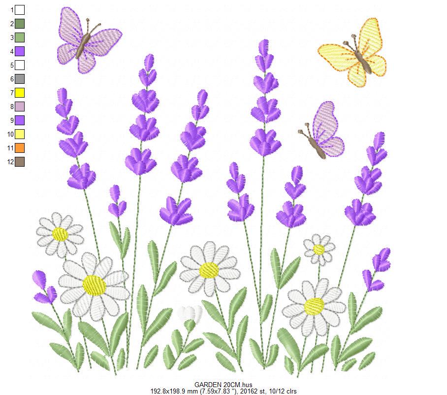 Flower garden embroidery design - Lavender flowers with butterflies machine embroidery pattern - Kitchen Tea towel - Instant download pes