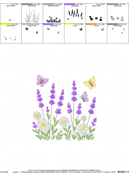 Flower garden embroidery design - Lavender flowers with butterflies machine embroidery pattern - Kitchen Tea towel - Instant download pes