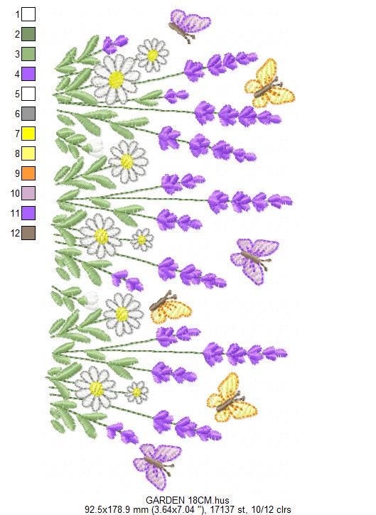 Flower garden embroidery design - Lavender and daisies flowers butterflies machine embroidery pattern - Kitchen Towel - Instant download