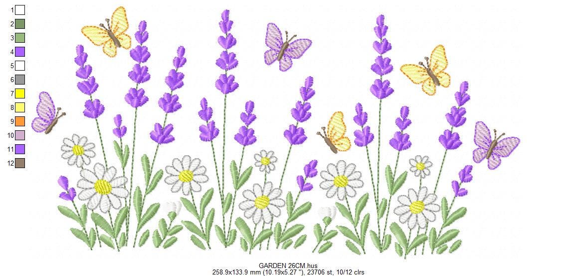 Flower garden embroidery design - Lavender and daisies flowers butterflies machine embroidery pattern - Kitchen Towel - Instant download