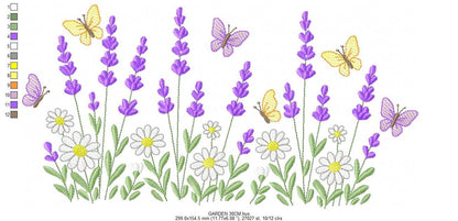 Flower garden embroidery design - Lavender and daisies flowers butterflies machine embroidery pattern - Kitchen Towel - Instant download