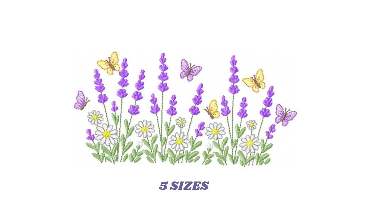 Flower garden embroidery design - Lavender and daisies flowers butterflies machine embroidery pattern - Kitchen Towel - Instant download