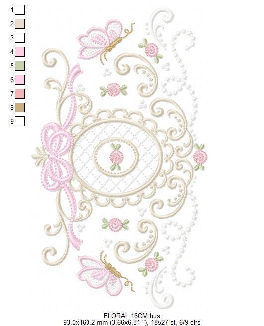Roses with lace and butterflies embroidery designs - Flowers with frame machine embroidery pattern - Floral Kitchen towel - Instant download