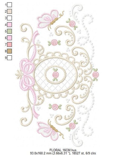 Roses with lace and butterflies embroidery designs - Flowers with frame machine embroidery pattern - Floral Kitchen towel - Instant download