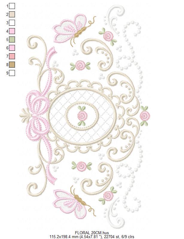 Roses with lace and butterflies embroidery designs - Flowers with frame machine embroidery pattern - Floral Kitchen towel - Instant download