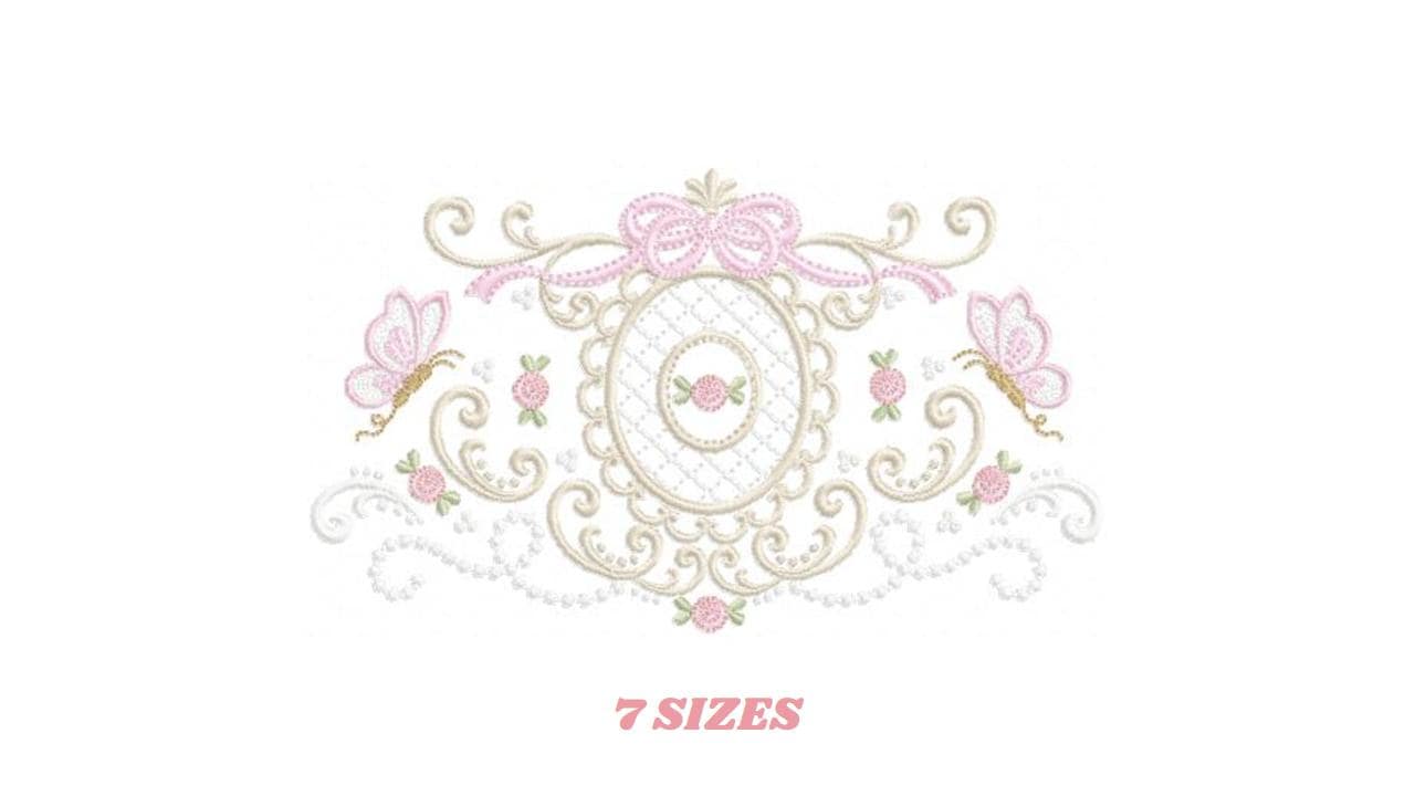 Roses with lace and butterflies embroidery designs - Flowers with frame machine embroidery pattern - Floral Kitchen towel - Instant download