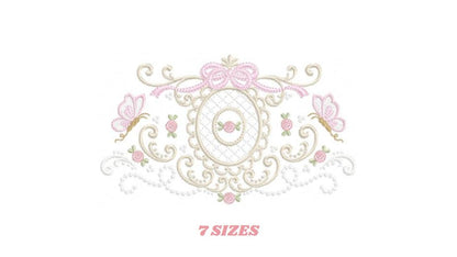 Roses with lace and butterflies embroidery designs - Flowers with frame machine embroidery pattern - Floral Kitchen towel - Instant download