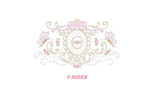 Roses with lace and butterflies embroidery designs - Flowers with frame machine embroidery pattern - Floral Kitchen towel - Instant download