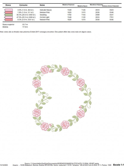 Heart with flowers embroidery designs - Rose heart frame machine embroidery pattern - Baby girl file - Instant digital download pes jef dst