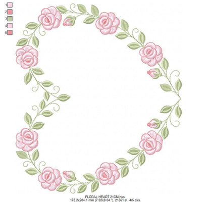 Heart with flowers embroidery designs - Rose heart frame machine embroidery pattern - Baby girl file - Instant digital download pes jef dst