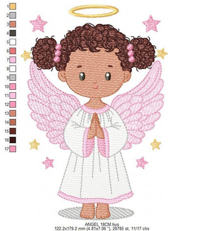 Angel embroidery designs - Angelic Baby girl with curly hair machine embroidery pattern - Girl with wings and halo file - Instant download