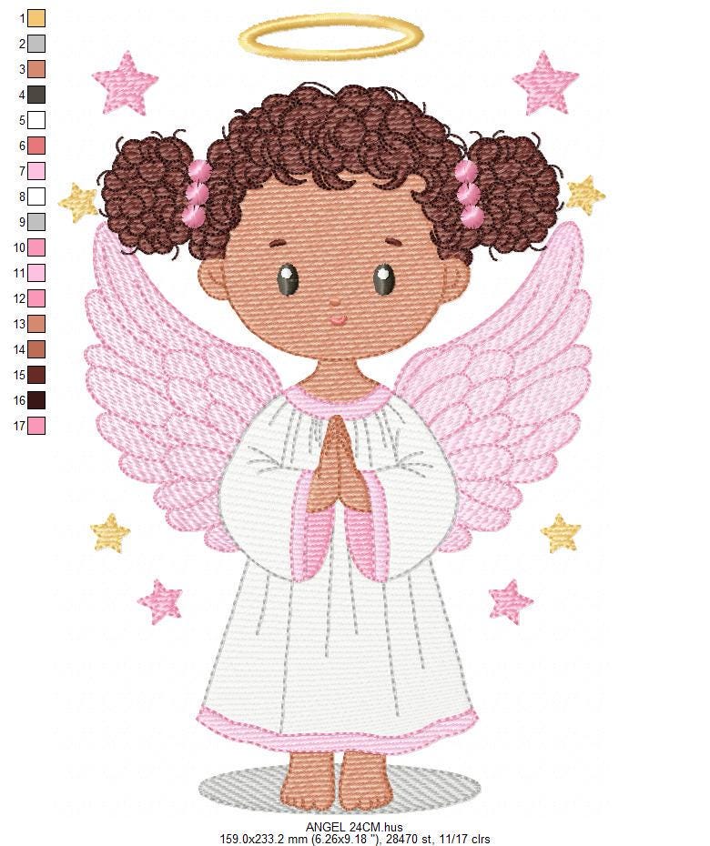 Angel embroidery designs - Angelic Baby girl with curly hair machine embroidery pattern - Girl with wings and halo file - Instant download