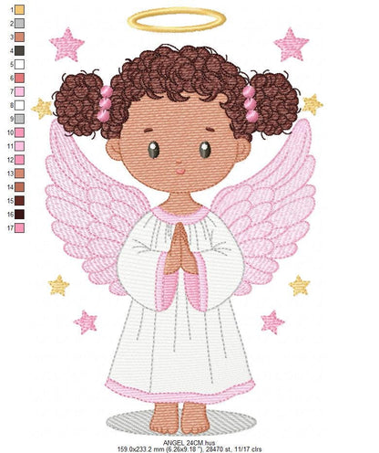 Angel embroidery designs - Angelic Baby girl with curly hair machine embroidery pattern - Girl with wings and halo file - Instant download