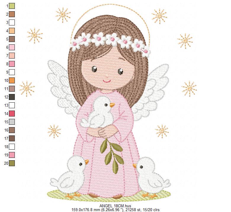 Angel embroidery designs - Angelic Baby girl with doves machine embroidery pattern - Girl with wings and halo file - Instant download pes