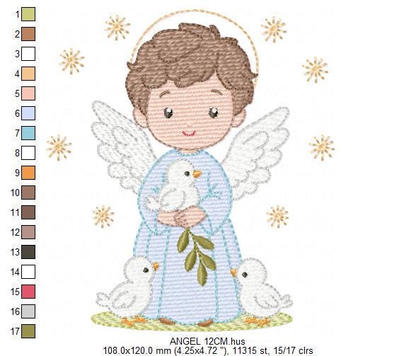 Angel embroidery designs - Angelic Baby Boy with doves machine embroidery pattern - Boy with wings and halo file - Instant download pes jef
