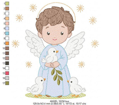 Angel embroidery designs - Angelic Baby Boy with doves machine embroidery pattern - Boy with wings and halo file - Instant download pes jef