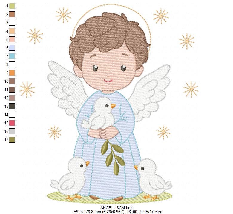 Angel embroidery designs - Angelic Baby Boy with doves machine embroidery pattern - Boy with wings and halo file - Instant download pes jef