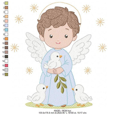 Angel embroidery designs - Angelic Baby Boy with doves machine embroidery pattern - Boy with wings and halo file - Instant download pes jef