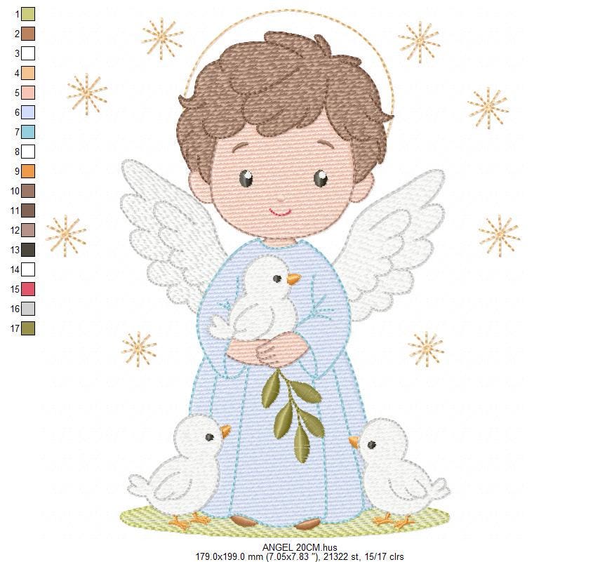 Angel embroidery designs - Angelic Baby Boy with doves machine embroidery pattern - Boy with wings and halo file - Instant download pes jef