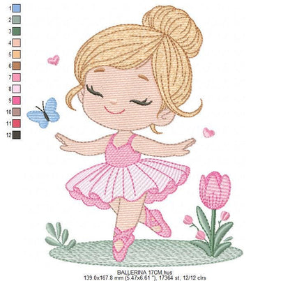 Ballerina embroidery designs - Ballet dancer with flowers machine embroidery pattern - Baby girl with flowers and hearts - Instant download
