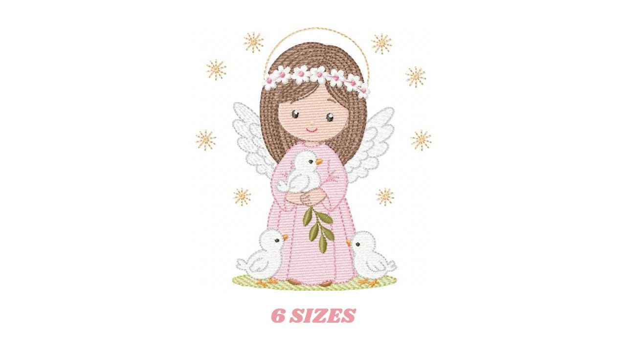 Angel embroidery designs - Angelic Baby girl with doves machine embroidery pattern - Girl with wings and halo file - Instant download pes