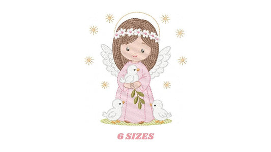 Angel embroidery designs - Angelic Baby girl with doves machine embroidery pattern - Girl with wings and halo file - Instant download pes