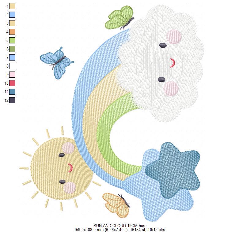 Rainbow embroidery design - Sun cloud and rainbow machine embroidery pattern - Baby boyfile - Instant digital download pes jef dst hus vp3