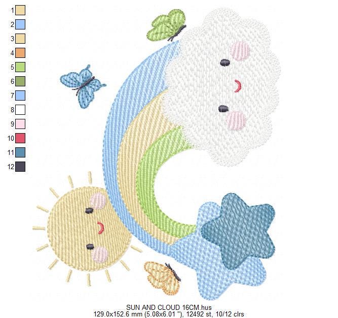 Rainbow embroidery design - Sun cloud and rainbow machine embroidery pattern - Baby boyfile - Instant digital download pes jef dst hus vp3