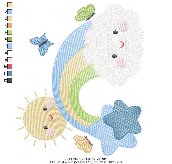Rainbow embroidery design - Sun cloud and rainbow machine embroidery pattern - Baby boyfile - Instant digital download pes jef dst hus vp3