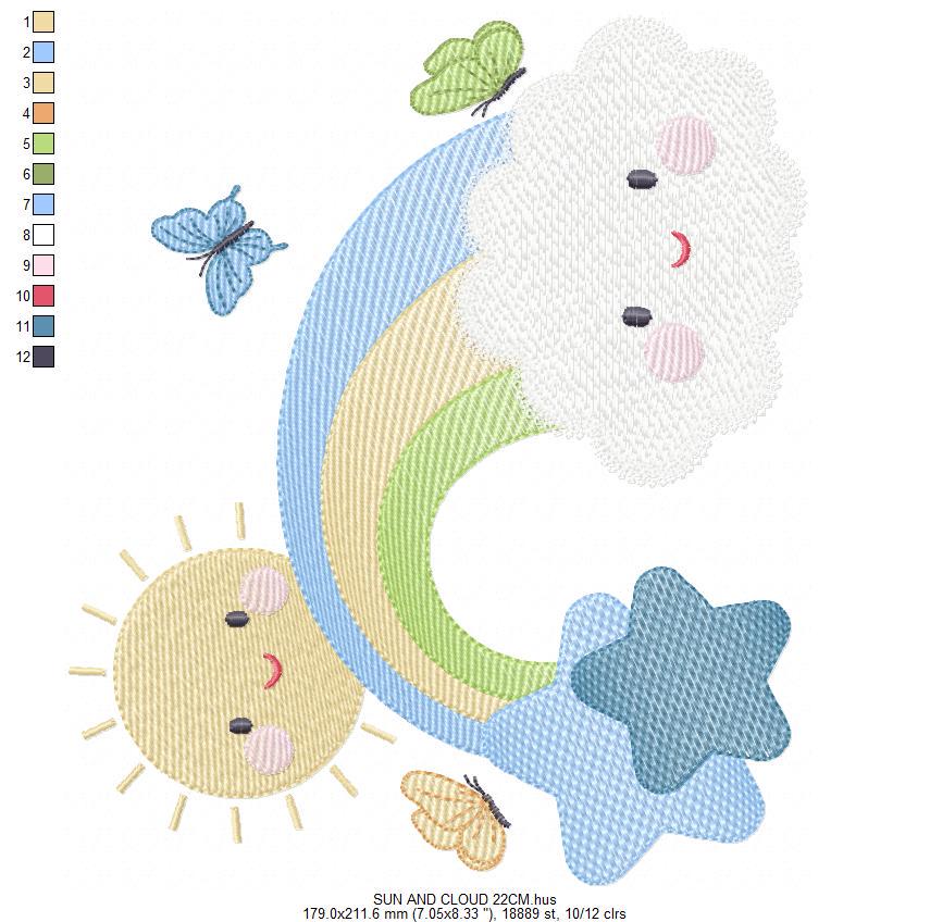 Rainbow embroidery design - Sun cloud and rainbow machine embroidery pattern - Baby boyfile - Instant digital download pes jef dst hus vp3