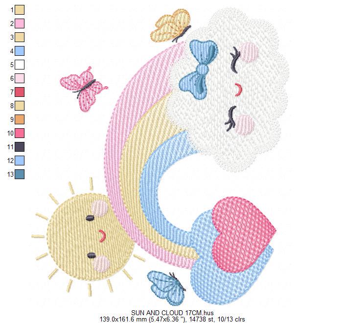 Rainbow embroidery design - Sun cloud and rainbow machine embroidery pattern - Baby girl file - Instant digital download pes jef dst hus vp3