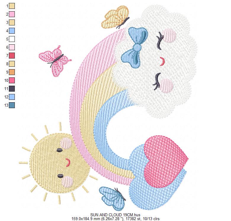 Rainbow embroidery design - Sun cloud and rainbow machine embroidery pattern - Baby girl file - Instant digital download pes jef dst hus vp3