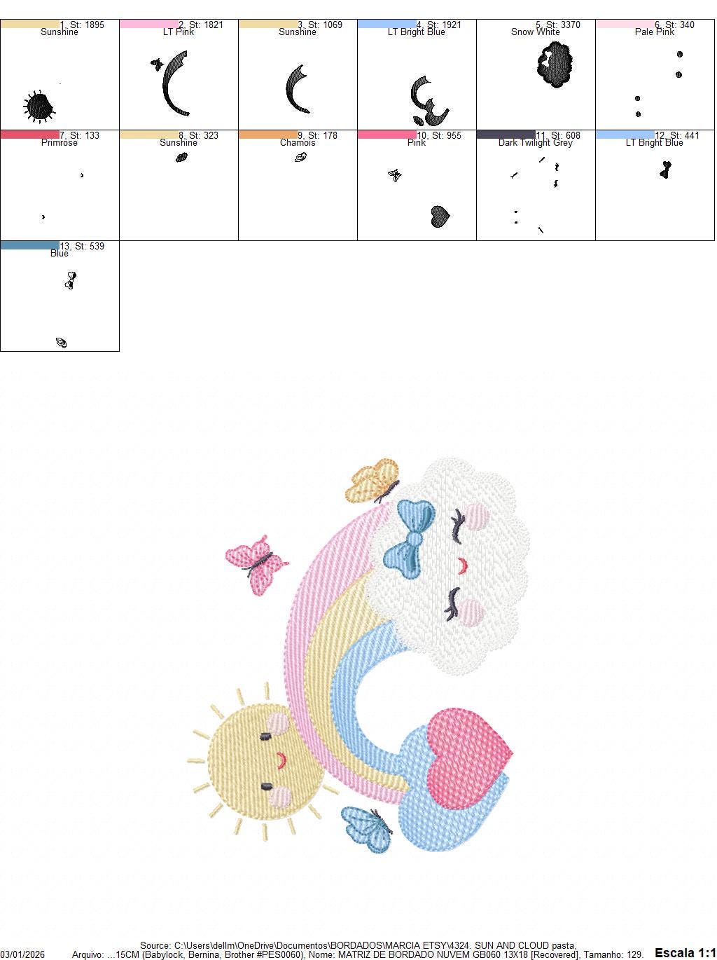 Rainbow embroidery design - Sun cloud and rainbow machine embroidery pattern - Baby girl file - Instant digital download pes jef dst hus vp3