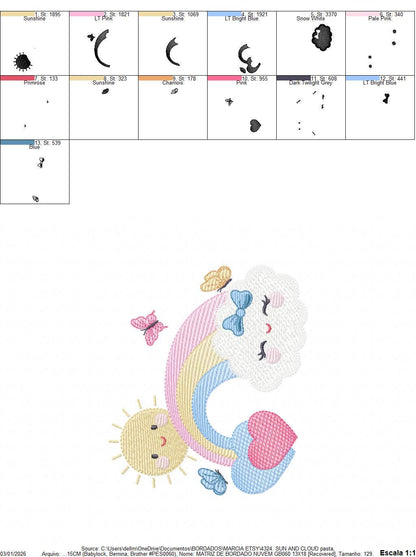 Rainbow embroidery design - Sun cloud and rainbow machine embroidery pattern - Baby girl file - Instant digital download pes jef dst hus vp3