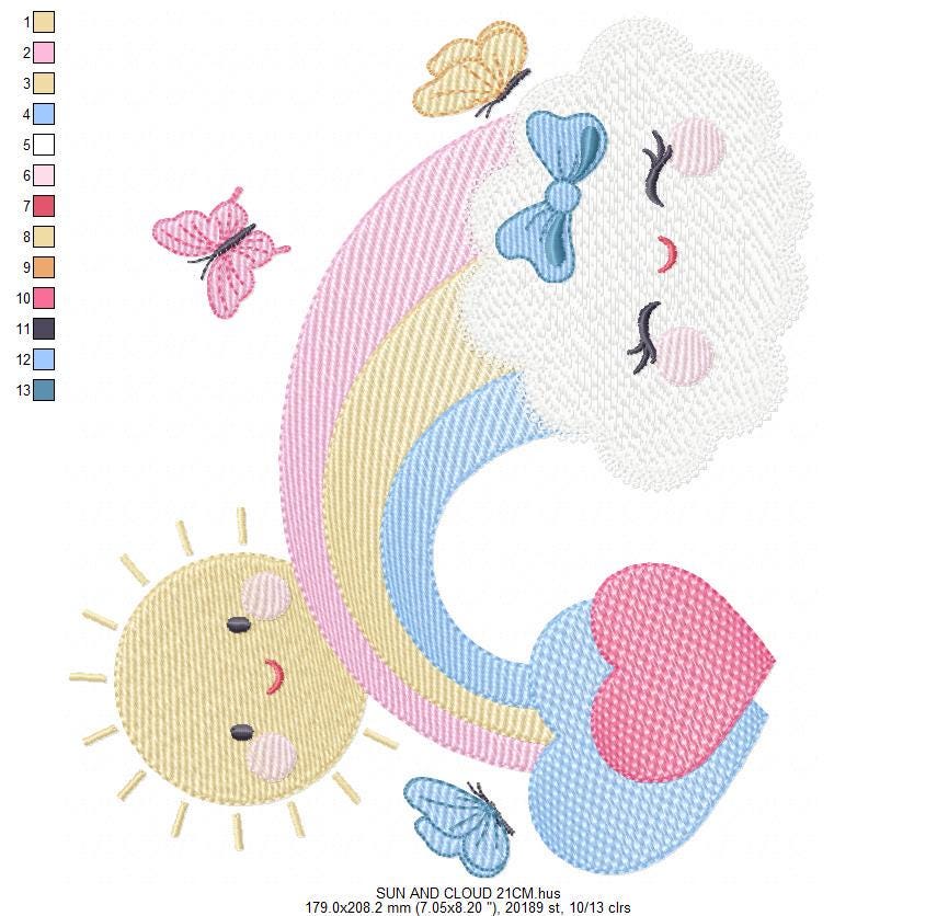 Rainbow embroidery design - Sun cloud and rainbow machine embroidery pattern - Baby girl file - Instant digital download pes jef dst hus vp3