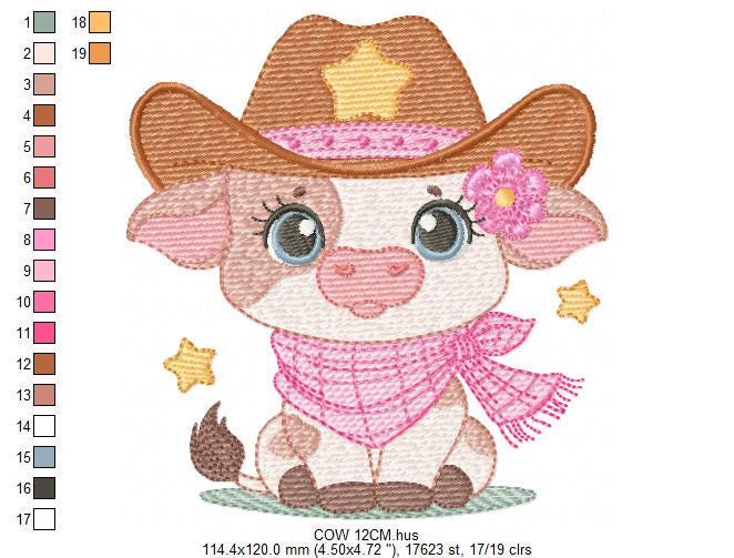 Cow with cowboy hat and flower embroidery design - Baby Girl Farm Animal Ranch machine embroidery pattern - Instant digital download pes jef