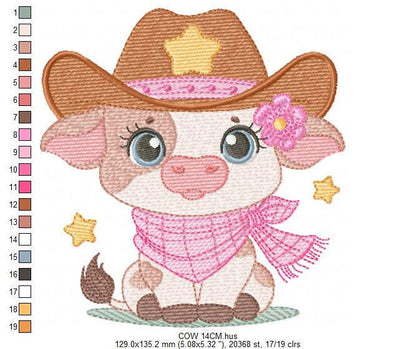 Cow with cowboy hat and flower embroidery design - Baby Girl Farm Animal Ranch machine embroidery pattern - Instant digital download pes jef