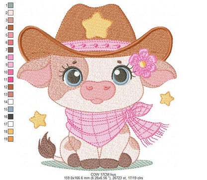 Cow with cowboy hat and flower embroidery design - Baby Girl Farm Animal Ranch machine embroidery pattern - Instant digital download pes jef