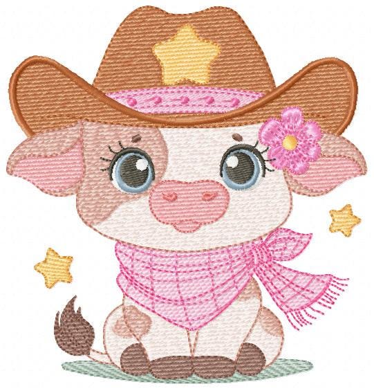 Cow with cowboy hat and flower embroidery design - Baby Girl Farm Animal Ranch machine embroidery pattern - Instant digital download pes jef