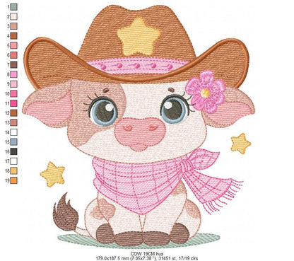 Cow with cowboy hat and flower embroidery design - Baby Girl Farm Animal Ranch machine embroidery pattern - Instant digital download pes jef