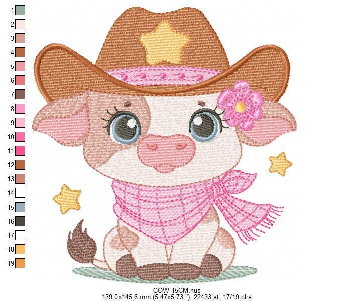 Cow with cowboy hat and flower embroidery design - Baby Girl Farm Animal Ranch machine embroidery pattern - Instant digital download pes jef
