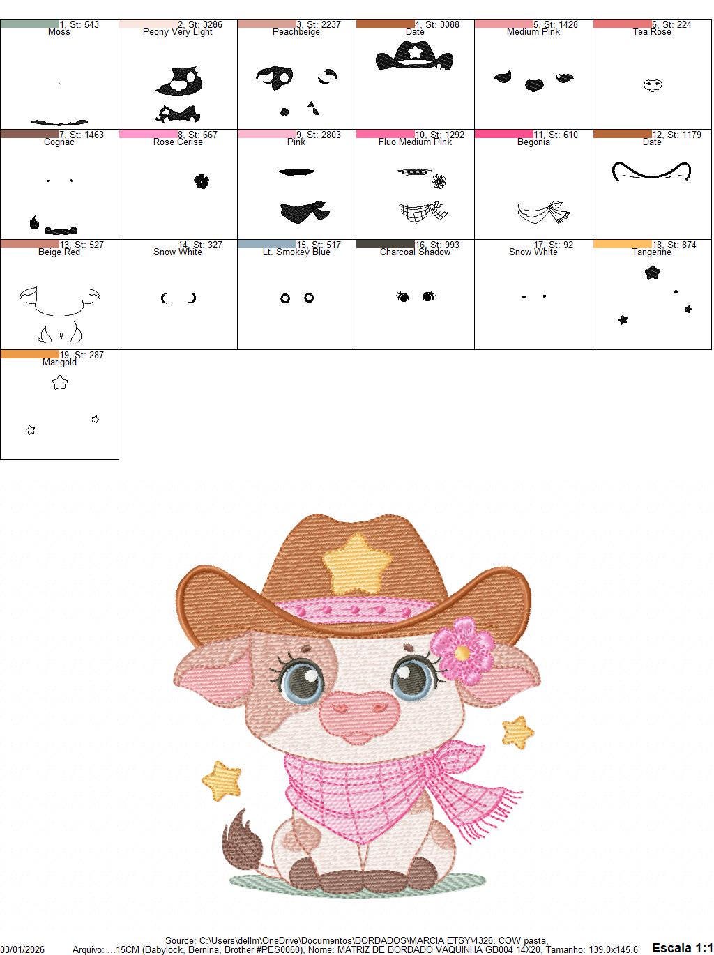 Cow with cowboy hat and flower embroidery design - Baby Girl Farm Animal Ranch machine embroidery pattern - Instant digital download pes jef