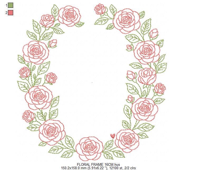 Flower Wreath embroidery designs - Floral Roses Frame machine embroidery pattern - Kitchen Tea Towel file - Instant digital download pes jef