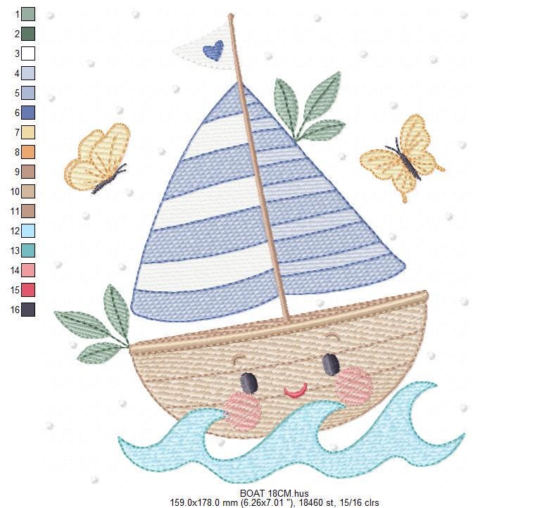 Boat embroidery designs - Sailboat machine embroidery pattern - Sea Ocean Nautical Baby boy file - Instant digital download pes jef dst vp3