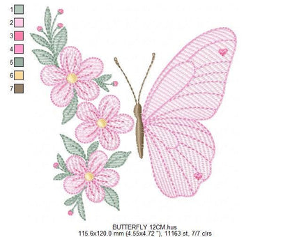 Butterfly embroidery designs - Flower machine embroidery pattern - Floral Kitchen towel file - Instant digital download pes jef dst hus vp3